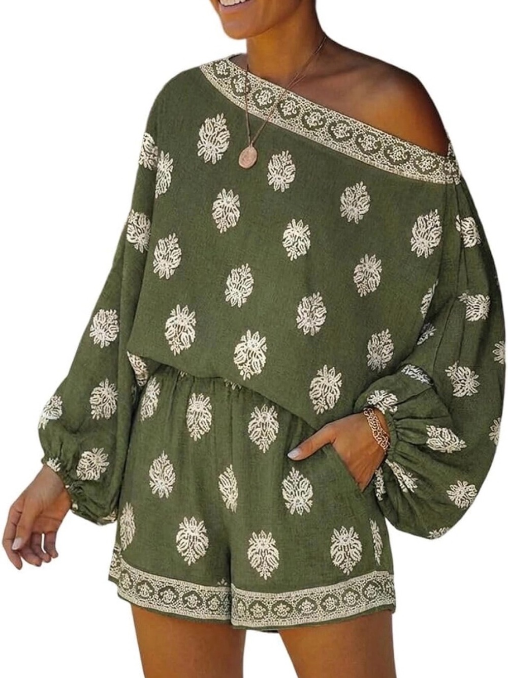 Boho Off-Shoulder Olive Embroidered Romper